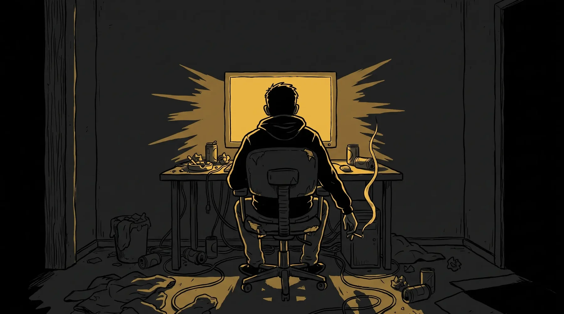Seen from behind: a hooded figure slumped in a broken office chair in a dark, messy room, facing a monitor whose yellow glow is the only light.