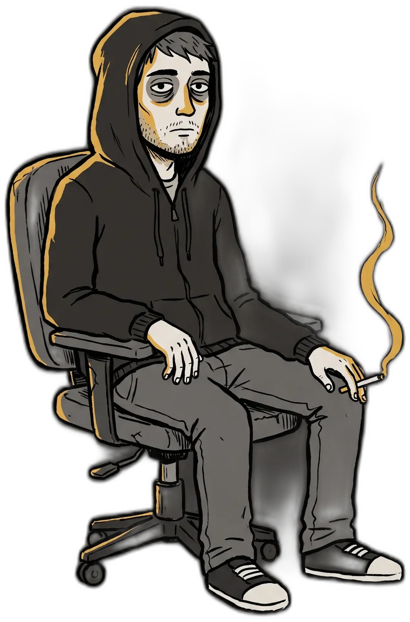 A young man in a black hoodie slumped in an office chair with a cigarette, lit only by a yellow screen.