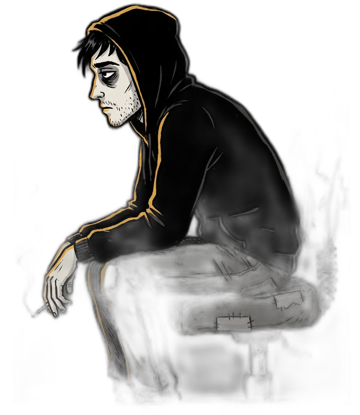 A hooded figure slumped forward in a broken office chair with a cigarette, watching the chart fall away from him.