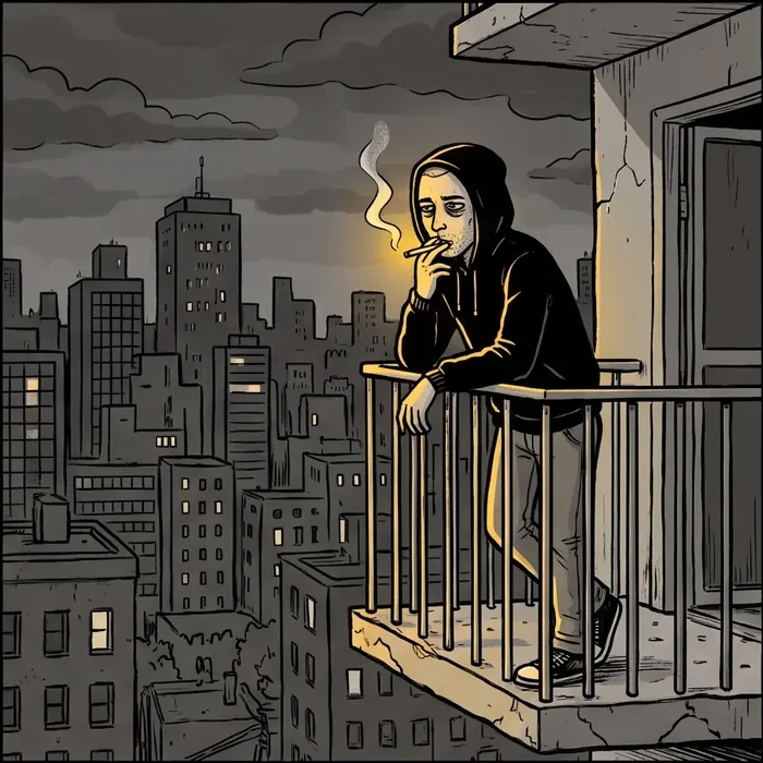Smoking on a small concrete balcony at night above the city.