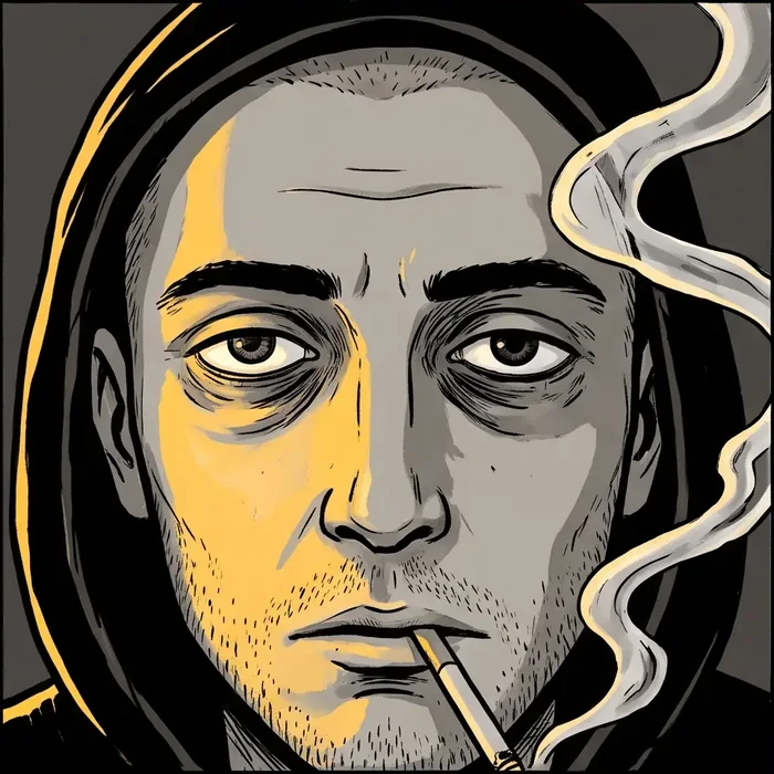 Close-up of his face under the hood, one eye lit gold, smoke crossing the frame.