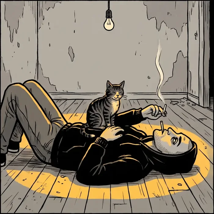 Lying on the floor of the empty room with a cat sitting on his chest.